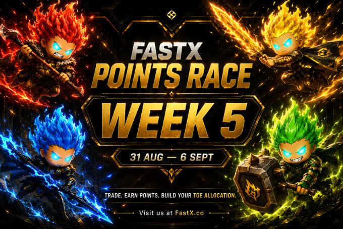 A promotional banner for 'FASTX POINTS RACE WEEK 5' running from 31 AUG to 6 SEPT, featuring four elemental warrior characters in red, yellow, blue, and green.