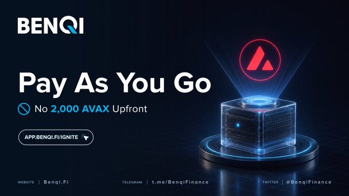 Benqi cryptocurrency advertisement with the text 'Pay As You Go - No 2,000 AVAX Upfront' and a link to app.benqi.fi/ignite, featuring a glowing 3D server with the Avalanche logo.
