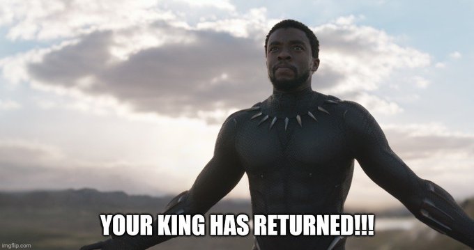 A meme image showing Chadwick Boseman as T'Challa/Black Panther standing with arms slightly spread against a cloudy sky, with the caption 'YOUR KING HAS RETURNED!!!' from imgflip.com.