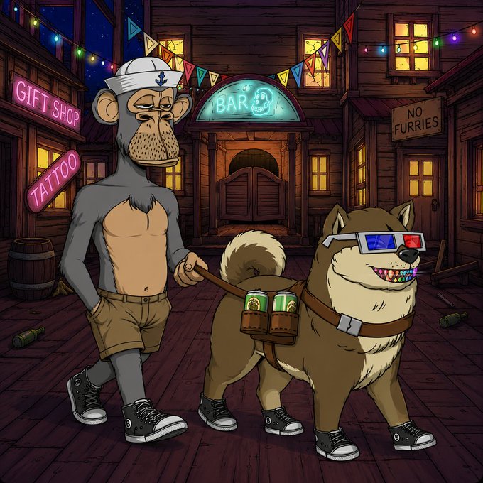 A sailor monkey in a sailor hat walks a Shiba Inu wearing 3D glasses and beer cans on its harness through a western-style town with signs reading "GIFT SHOP," "TATTOO," "BAR," and "NO FURRIES," fitting the post's reminder to walk your doggos.