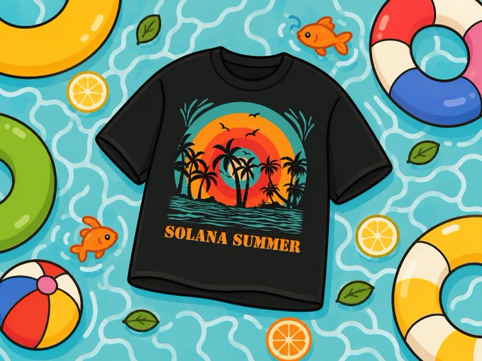 A black t-shirt featuring a retro sunset design with palm trees and the text 'SOLANA SUMMER', surrounded by colorful pool floats, goldfish, lemon slices, and beach balls.