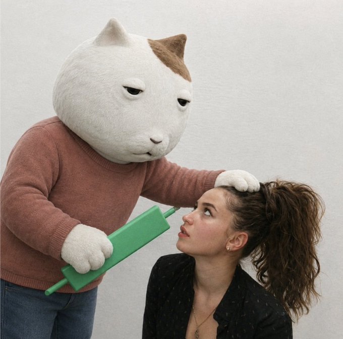 A person in a large white and brown cat head mask and pink sweater holding a green object over a young woman's head.