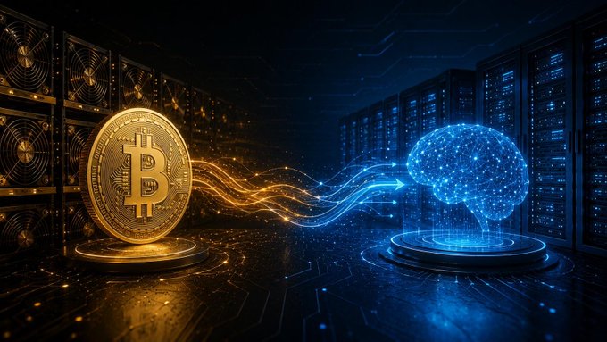 The image depicts a golden Bitcoin coin on the left connected by flowing light streams to a blue glowing brain/A.I. neural network on the right, set within a server room backdrop, symbolizing the intersection of computing power and cryptocurrency. This visualizes the post's theme of "Computing Power vs. Bitcoin Position," highlighting how major financial players like Morgan Stanley's $15 billion loan to Anthropic and Google's involvement represent massive computational investments that could influence Bitcoin's market positioning, particularly for Strategy (MSTR).
