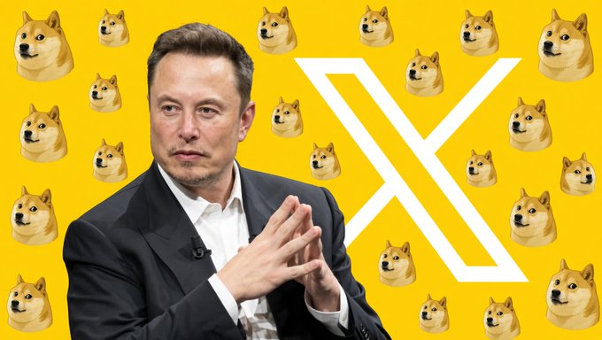 An edited image of Elon Musk with his hands clasped, set against a yellow background filled with Doge meme faces and a large white X logo.
