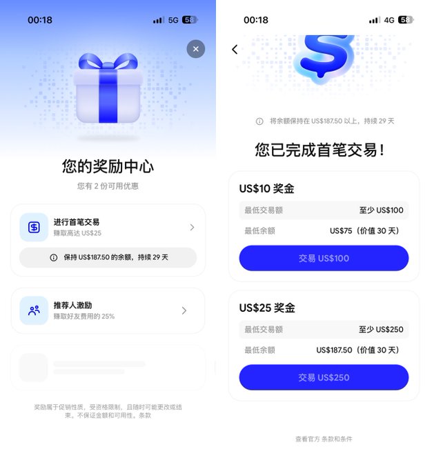 Two screenshots of a Chinese-language crypto rewards center showing "您的奖励中心" (Your Rewards Center) with a US$10 bonus for trading at least US$100 (minimum balance US$75) and a US$25 bonus for trading at least US$250 (minimum balance US$187.50), contingent on holding a balance for 29 or 30 days.
