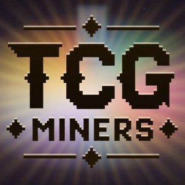 The image displays a bold logo reading "TCG MINERS" in a pixelated, retro-game style font, set against a colorful radial burst background. The design visually reinforces the post's announcement by emphasizing the "TCG" (trading card game) branding and on-chain mining theme of the newly live project on Robinhood Chain.