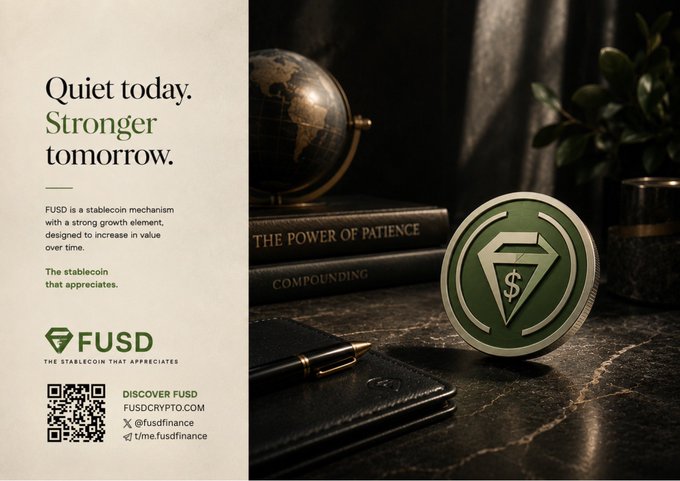 A promotional image for FUSD stablecoin features the tagline "Quiet today. Stronger tomorrow." alongside imagery of a green FUSD-branded coin, a globe, and books titled "The Power of Patience" and "Compounding," with contact details for fusdrypto.com and social handles @fusdfinance. The caption emphasizes FUSD's appreciation mechanism as an alternative to stagnant stablecoins, aligning with the post's message about outdated notions of stability.