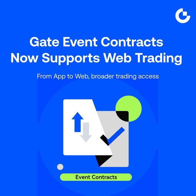 A blue promotional graphic for Gate.io announcing 'Gate Event Contracts Now Supports Web Trading,' with the subtext 'From App to Web, broader trading access' and an 'Event Contracts' button.