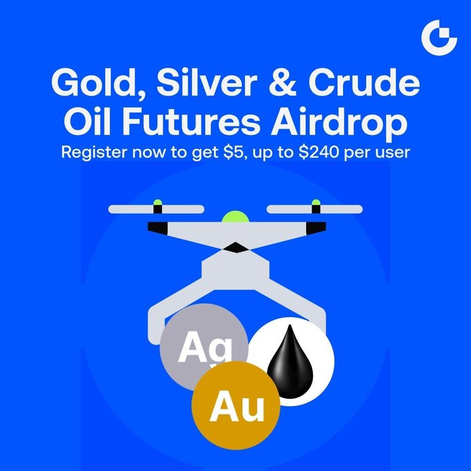 The image features a graphic design of an aerial shot with a small drone flying close to gold, silver, and black oil barrels against a blue background. The text below the illustration reads "Gold,Silver & Crude Oil Futures Airdrop" which indicates that this is related to the Bitcoin and cryptocurrency market. The post also includes a call-to-action inviting people to "register now to get 5 up to $240 per user".