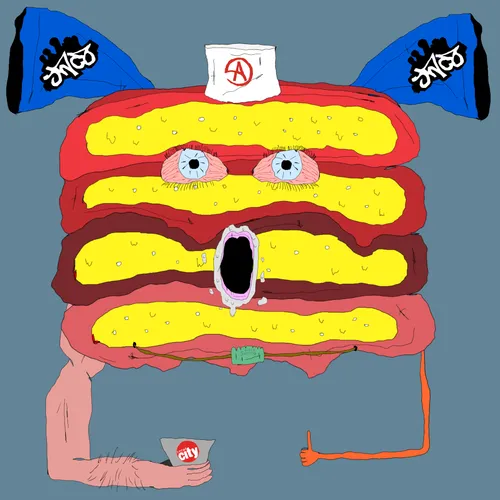 A grotesque cartoon illustration depicts a hot dog-like monster with drooping eyes, an open mouth, and severed limbs, with a 'Spice' bag on top and disembodied arms below.