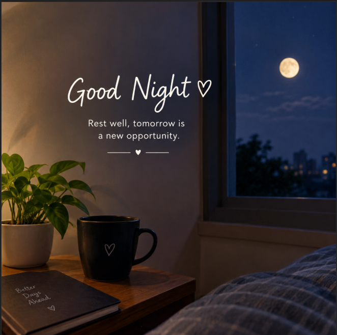 A cozy nighttime scene showing a bedside table with a potted plant, a black mug with a heart, and a book, alongside a window view of a full moon over a city skyline with the text 'Good Night ♥ Rest well, tomorrow is a new opportunity.'