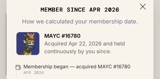 The image shows a screenshot of an email from Mayc, which contains information about a member's account. The email states that the account was acquired on April 22nd, 2016, and continues to be held by you since then. It also mentions that there is a membership card for the account, which can be used to access certain benefits or discounts.