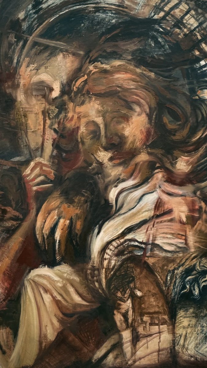 An expressive oil painting in dark, earthy tones depicting two figures rendered in a loose, gestural style with swirling hair and warm reddish highlights.
