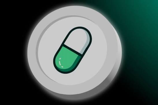 A simple cartoon-style illustration of a green and white capsule pill centered in a glowing white circular button against a dark teal background.
