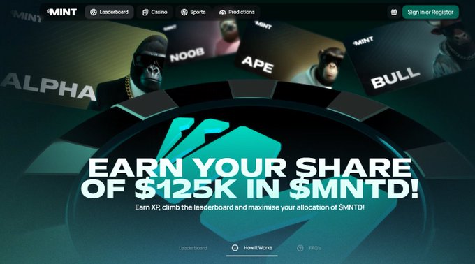A promotional webpage for MINT blockchain featuring avatars labeled ALPHA, NOOB, APE, and BULL, with text reading 'EARN YOUR SHARE OF $125K IN $MNTD! Earn XP, climb the leaderboard and maximise your allocation of $MNTD!'