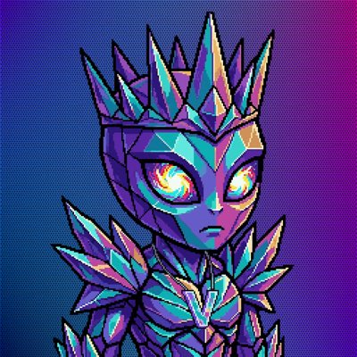 The image features an illustration of a character wearing armor with blue, purple, and green accents, standing against a gradient background that changes colors from blue at the top to purple at the bottom. The character appears to be a robot or alien, possibly a pirate, as indicated by the accompanying text. The post is in a conversational style, with a friendly tone. The main focus of the image is on the character and its armor, while the context of the post provides additional information about the illustration's significance in relation to the trading system called ATH for Void.