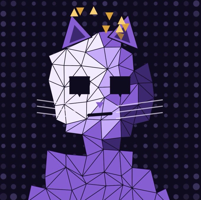 A geometric, low-poly purple cat with square eyes, a small mustache, and yellow triangular "ears" (or a crown) against a dotted dark background, matching the playful "Meow" post with its quirky cat character.