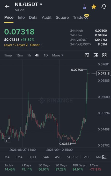 A Binance cryptocurrency trading chart for NIL/USDT (Nillion) showing a current price of 0.07318 USDT, up 45.89%, with 24h High of 0.07500 and 24h Low of 0.04864, featuring performance stats for various timeframes at the bottom.