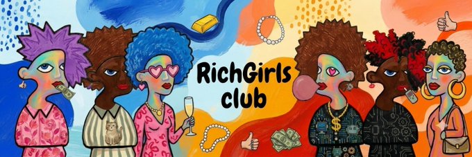 A colorful illustrated banner reads 'RichGirls club,' depicting five stylish cartoon characters surrounded by luxury accessories like champagne, gold bars, and dollar bills.