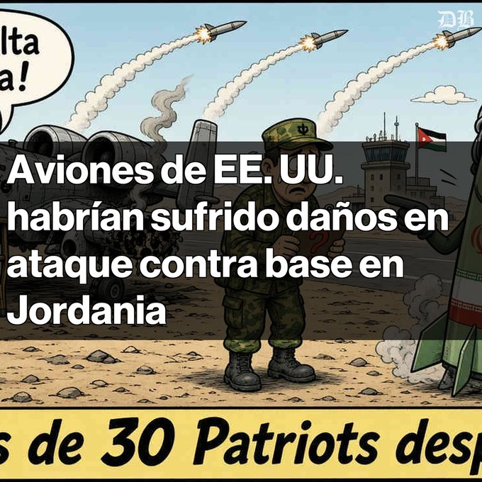 A WSJ illustration of a soldier with missiles overhead and a Jordanian flag, with headline 'Aviones de EE.UU. habrían sufrido daños en ataque contra base en Jordania'.