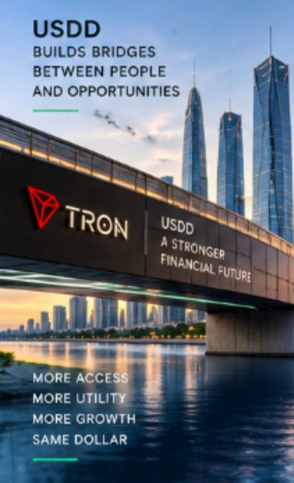 An advertisement for TRON's USDD stablecoin reads 'USDD BUILDS BRIDGES BETWEEN PEOPLE AND OPPORTUNITIES' and 'MORE ACCESS MORE UTILITY MORE GROWTH SAME DOLLAR' over a cityscape with a bridge.