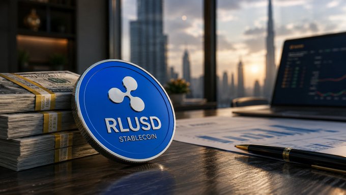 A blue XRP-branded coin labeled 'RLUSD STABLECOIN' rests on stacks of cash and financial charts with a city view at sunset in the background.