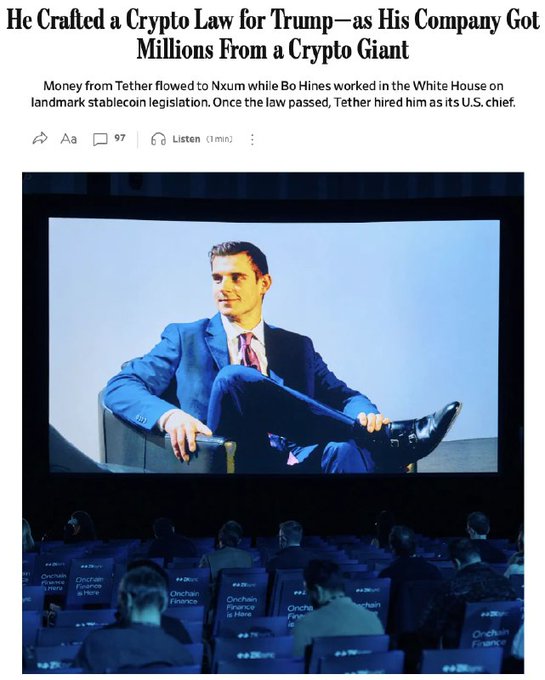A news headline reads 'He Crafted a Crypto Law for Trump—as His Company Got Millions From a Crypto Giant,' with a subheading about Bo Hines, Tether, and Nxum, above a photo of a man in a blue suit on a theater screen.