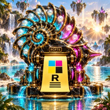 A vibrant digital artwork features a majestic golden nautilus shell with iridescent gem-like scales, perched atop a pedestal displaying the "RCPTS" logo and a colorful "R" symbol, set against a surreal backdrop of floating islands, waterfalls, and glowing skies—matching the post's praise of "Great work! Sick art" by showcasing an elaborate, fantasy-inspired design.