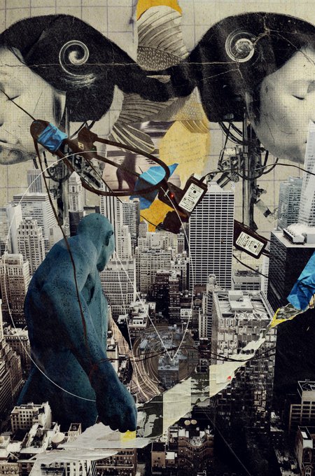 A surreal collage features a blue gorilla figure observing a black-and-white cityscape, with giant vinyl records, cassette tapes, and a woman's face looming above amid tangled wires.