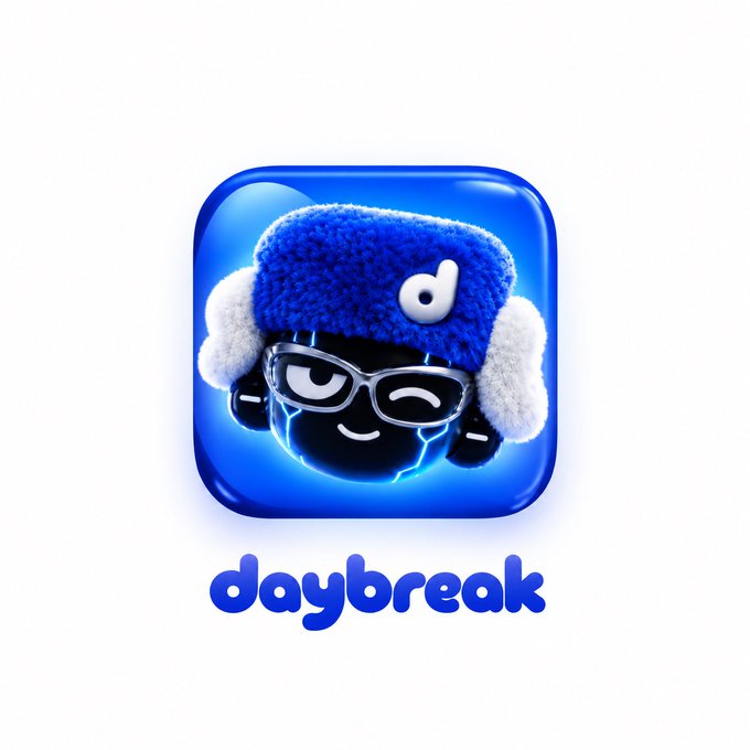 A blue app icon featuring a smiling character wearing a fuzzy blue trapper hat and sunglasses, with the word 'daybreak' below it.