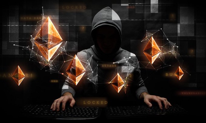 A digital illustration of a hooded hacker working on two keyboards, surrounded by glowing Ethereum blockchain logos and digital network lines, with faint words like 'LOCKED' and 'ATTACK' in the dark background.