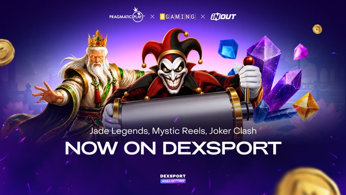 A casino game promotional banner from Pragmatic Play x BGaming x FjNout featuring a king and jester character, advertising 'Jade Legends, Mystic Reels, Joker Clash NOW ON DEXSPORT'.