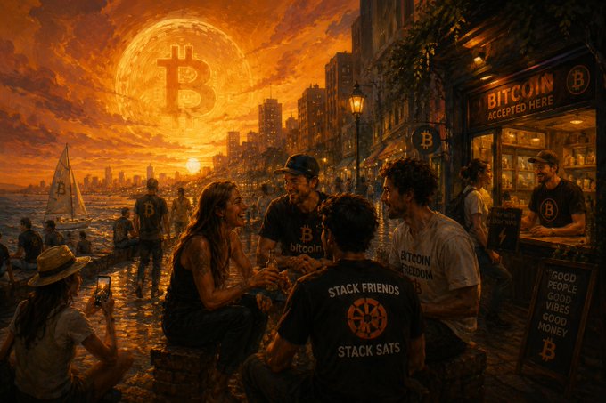 An artistic illustration of a group of people wearing Bitcoin-themed shirts ('bitcoin', 'BITCOIN FREEDOM', 'STACK FRIENDS STACK SATS') gathered at sunset with a giant Bitcoin logo in the sky and a 'BITCOIN ACCEPTED HERE' shop.