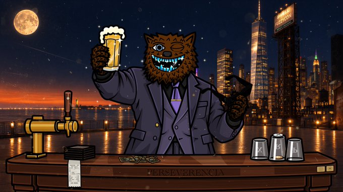 An anthropomorphic wolf in a suit raises a beer at a bar labeled "PERSEVERENCIA," with a city skyline and "HUDSON YARDS" billboard in the background, evoking the "We Meet Again" post as a celebratory return to the trading desk.