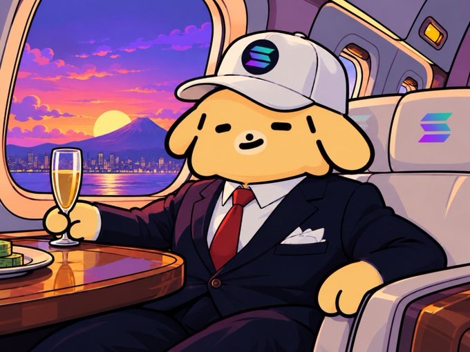 An illustration of a cartoon dog wearing a suit and a cap with the Solana logo, drinking champagne on a private jet at sunset.