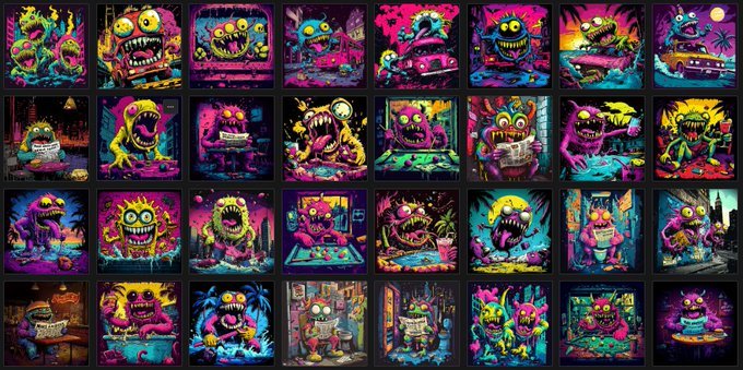 A grid of 32 colorful, chaotic cartoon-style thumbnails featuring a recurring purple, monstrous character with large teeth in various scenes.