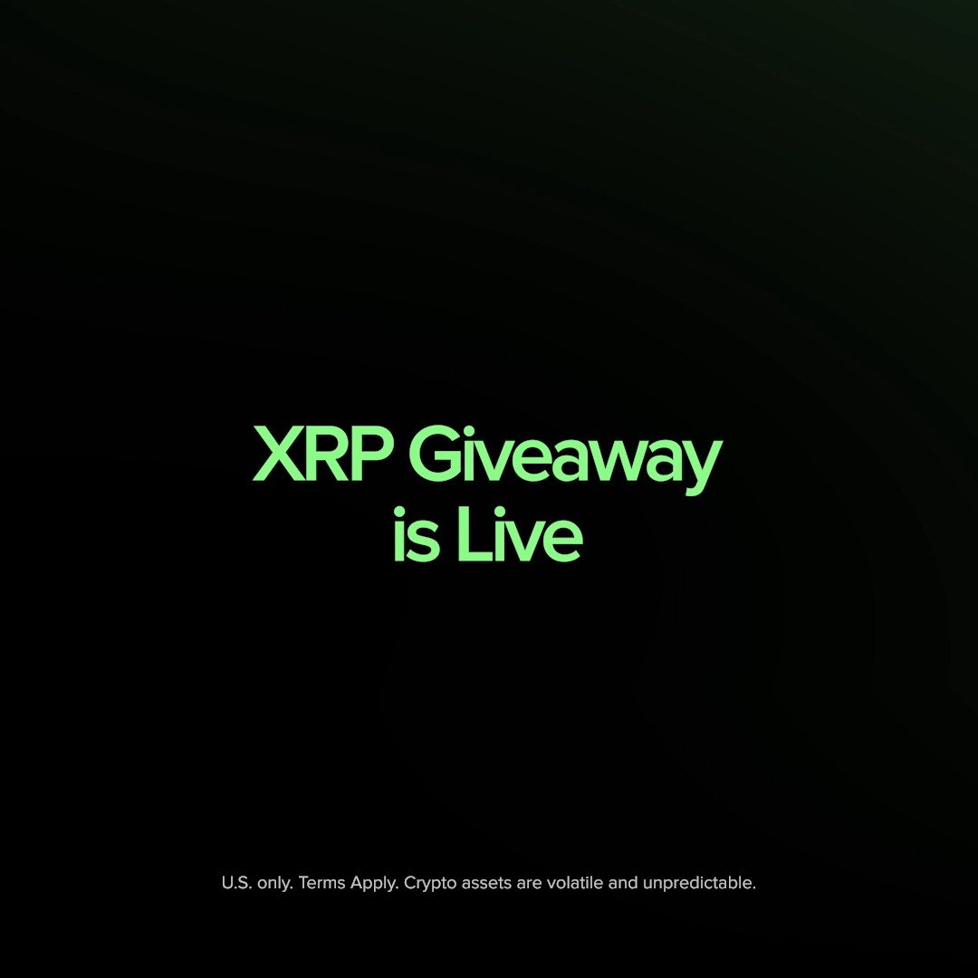 A black promotional graphic with bold green text reading "XRP Giveaway is Live," accompanied by the disclaimer "U.S. only. Terms Apply. Crypto assets are volatile and unpredictable," matching the post announcing a Uphold XRP giveaway contest.
