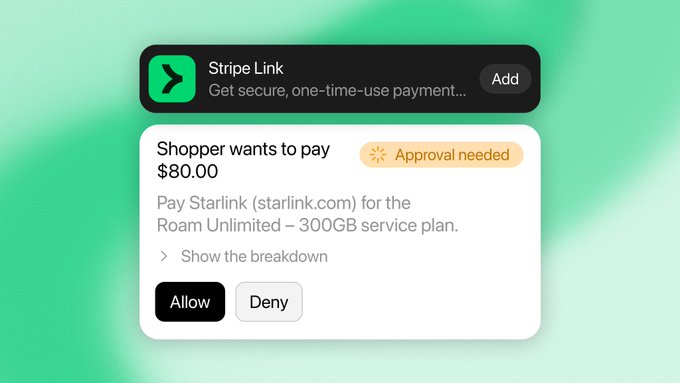 A digital payment approval interface for Stripe Link, requesting permission for a shopper to pay $80.00 to Starlink for their 'Roam Unlimited – 300GB service plan,' with Allow and Deny buttons.