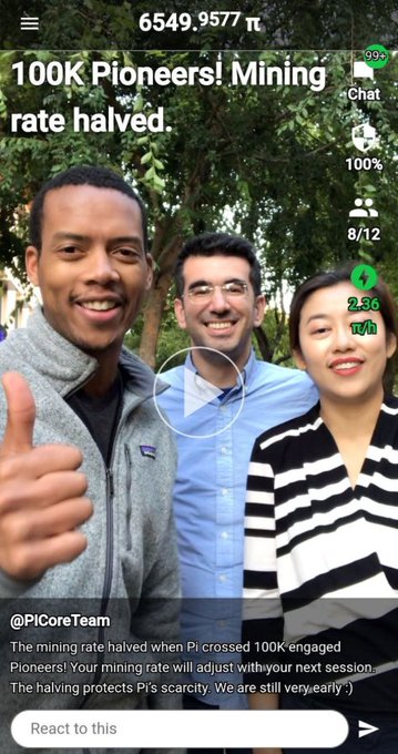 A screenshot from the Pi Network app celebrating "100K Pioneers! Mining rate halved," showing three people (one giving a thumbs up) alongside the post noting that Pi has since grown from 100K to over 60 million users worldwide.