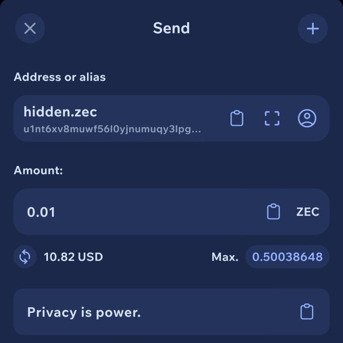 A cryptocurrency wallet 'Send' screen shows a transaction of 0.01 ZEC (~$10.82 USD) being sent to the address 'hidden.zec', with the tagline 'Privacy is power.' at the bottom.