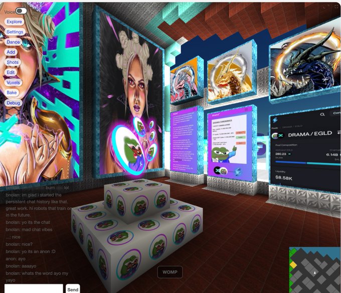 A virtual reality scene featuring digital art displays, including a Pepe the Frog cube stack, a chat log on the left, and a DRAMA/EGLD cryptocurrency listing on the right.