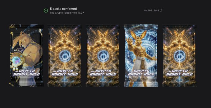 A digital interface displays five confirmed 'Crypto Rabbit Hole' packs, featuring illustrations of a golden rabbit character in various mystical and sci-fi settings.