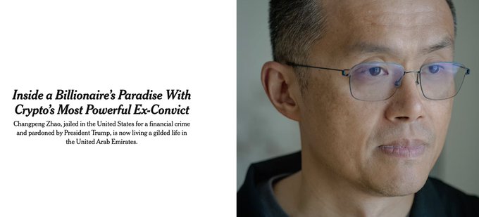 A man wearing glasses appears next to a title reading 'Inside a Billionaire's Paradise With Crypto's Most Powerful Ex-Convict,' with subtitle noting Changpeng Zhao was jailed in the U.S. for financial crime and pardoned by President Trump.