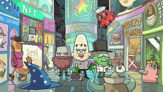 Colorful NFT-themed cartoon illustration featuring various meme characters including a wizard, a pink pufferfish with a crown, and signs reading 'BAD KIDS', 'STARGAZE', and 'REKT GANG'.
