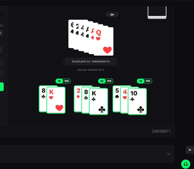 A digital blackjack game on the DEGEN platform shows the dealer with 17 against three winning player hands, with a 'BLACKJACK 3:2 - INSURANCE 2:1' payout notification.