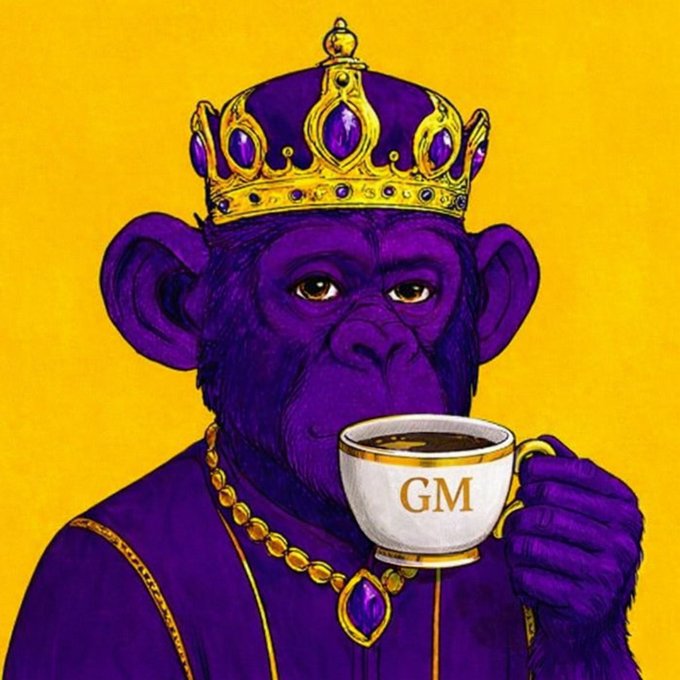 Illustration of a purple monkey wearing a golden crown adorned with jewels and holding a teacup labeled 'GM' against a yellow background.