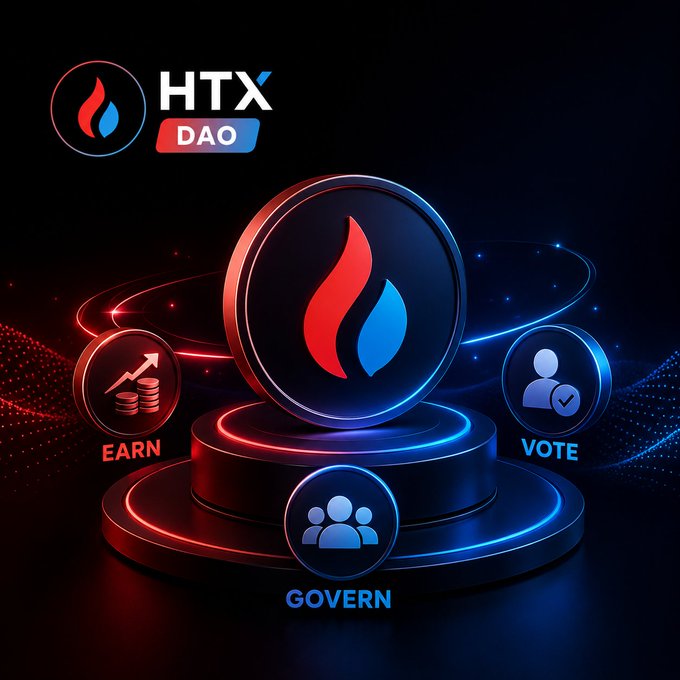 A digital graphic promoting HTX DAO with a central red and blue flame logo surrounded by three icons labeled 'EARN' (coins), 'VOTE' (person with checkmark), and 'GOVERN' (group of people).