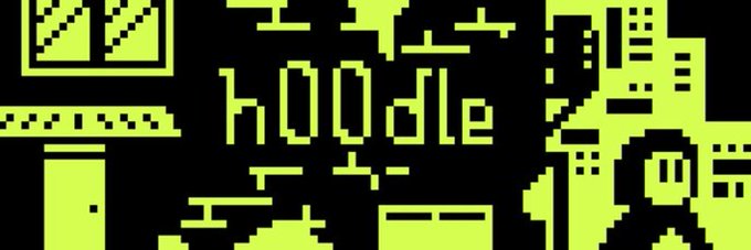 A pixel-art green and black illustration features the text "h00dle" surrounded by retro game-style elements like windows, a castle, and a character resembling a classic platformer hero, promoting the @_h00dle crypto token as a high-ROI gem gaining momentum.