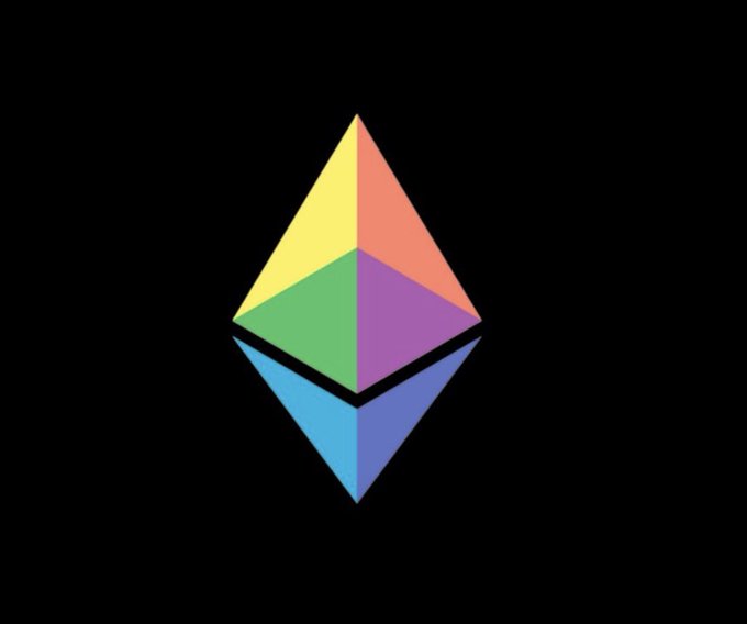 The Ethereum (ETH) logo, depicted as a colorful octahedral diamond with yellow, orange, green, purple, blue, and indigo faces on a black background, symbolizes the blockchain's ongoing evolution and longevity as celebrated in the birthday post.