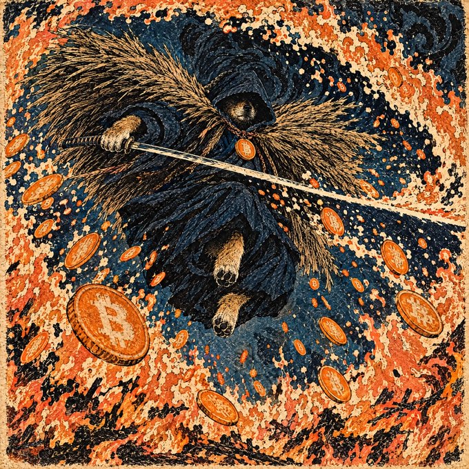A vibrant, textured digital illustration of a hooded figure wielding a katana, surrounded by floating Bitcoin coins against a fiery orange and deep blue background.